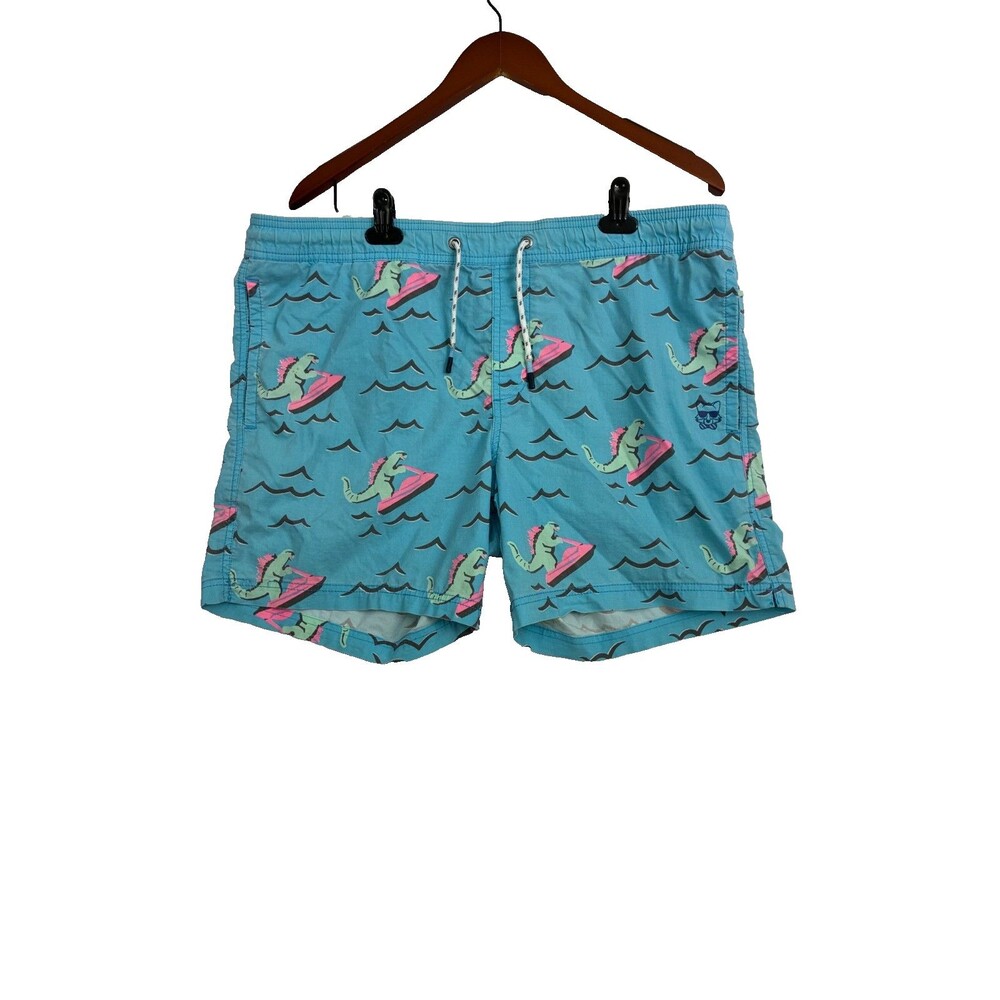 Party Pants Mens Medium Blue Swim Trunks Dinosaur Jet Ski Print Board Shorts